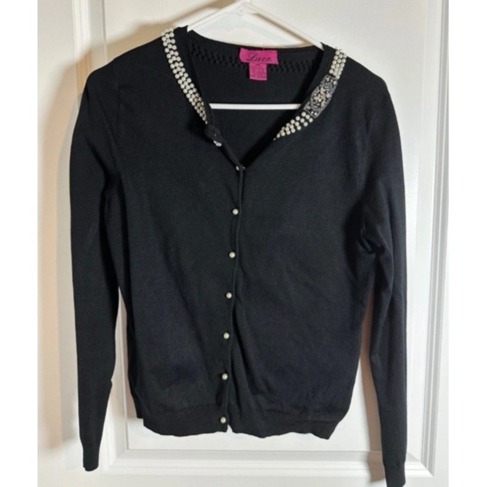 L.A.C.E. Vintage Silk Blend Black Embellished Cardigan Faux Pearl Collar P Small